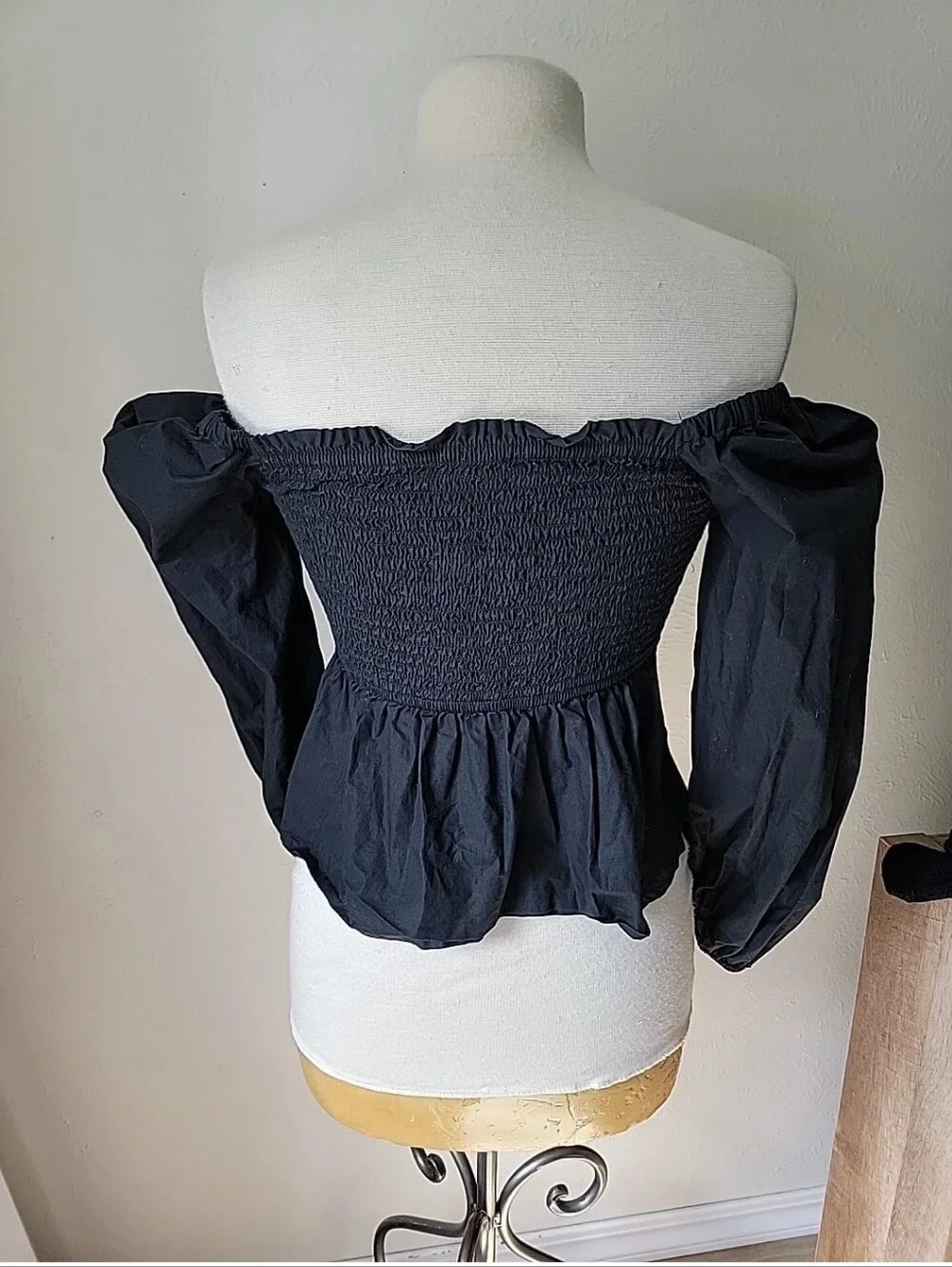 J Crew Off-Shoulder Black Smocked Peplum Top Renaissace Boho